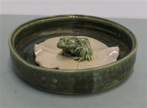 2 Pieces of Asian Art Pottery - Green Low Bowl and Green Frog on Lilly Pad - Both Stamped by Maker - Bowl Measures 2 Deep 8 Across