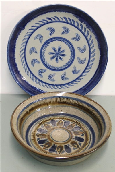 2 Pottery Pieces - Bowl Signed Sarah with Brown and Blue Glaze and Large Blue Decorated Platter - Bowl Measures 11" Across