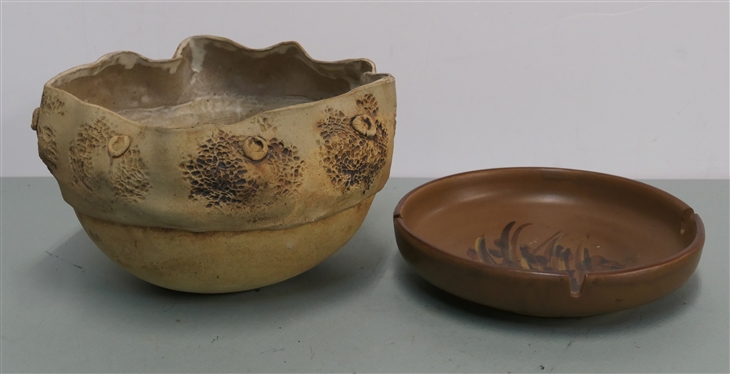 1973 Pacific Stoneware Brown Ashtray and Unusual Abstract Form Studio Art Pottery Bowl - Decorated Outer Band - Bowl Measures 6 Tall 9 1/2 Across