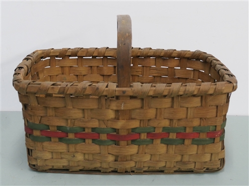 Nice Sturdy Rectangular Market Basket with Red and Green Dyed Bands - Basket Measures 8 Tall 17 by 12 - Not Including Handle 