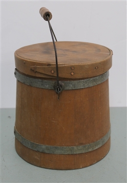 Nice Small Wooden Sugar Bucket with Lid  - Metal Bands - Wood Bail Handle Bucket is 7 Tall 6 1/2 Wide 