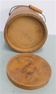Nice Small Wooden Sugar Bucket with Lid  - Metal Bands - Wood Bail Handle Bucket is 7 Tall 6 1/2 Wide 
