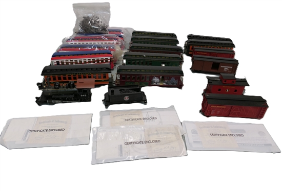 19 Pieces of Bachmann O Gauge Trains, Engine, Cars, and Accessories - Thomas Kinkade - Hawthorn Village Christmas Express Train Cars with Certificates, Hawthorn Village Spirit of America Train...