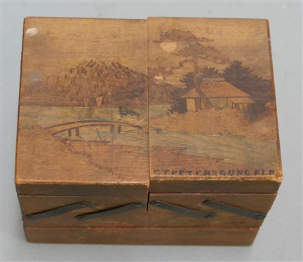 St. Petersburg Fl. Souvenir Folding Trinket Box - Hand Decorated Wood - Small Broken Piece on Back - See Photo - Box Measures 3 Tall 3 by 4