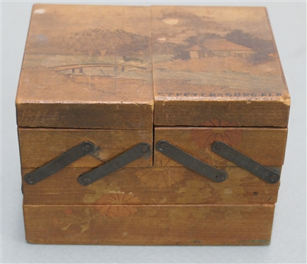 St. Petersburg Fl. Souvenir Folding Trinket Box - Hand Decorated Wood - Small Broken Piece on Back - See Photo - Box Measures 3 Tall 3 by 4