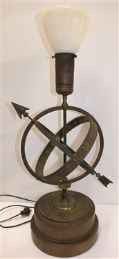 Mid Century Brass Astrological Armillary Lamp - Zodiac Symbols Around Brass Base - Highly Detailed - Brass Lamp is Atop Chalk Base -Milk Glass Shade -  Overall Measures 25 To Bulb 