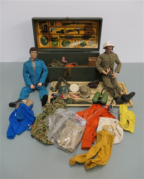 Vintage GI Joe Lot - 2 GI Joes, Uniforms, Dog Tags, Shoes, Weapons, Vests, Belts, and Life Vest - All in GI Joe Trunk with Divider - Very Complete Set with Original Diagram Poster in Trunk Top 
