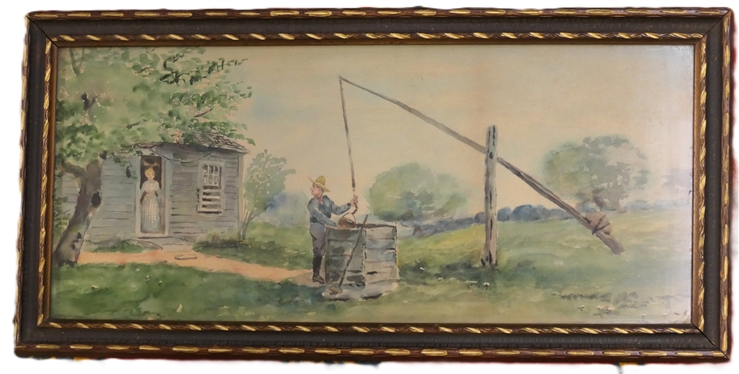 Original 1930''s Watercolor Painting of Woman in Door with Man At Well - Signed TRW in Lower Right Corner - Framed - Frame Measures 9 1/2 by 19 1/2 