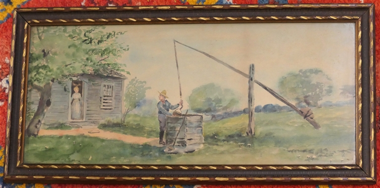 Original 1930''s Watercolor Painting of Woman in Door with Man At Well - Signed TRW in Lower Right Corner - Framed - Frame Measures 9 1/2 by 19 1/2 