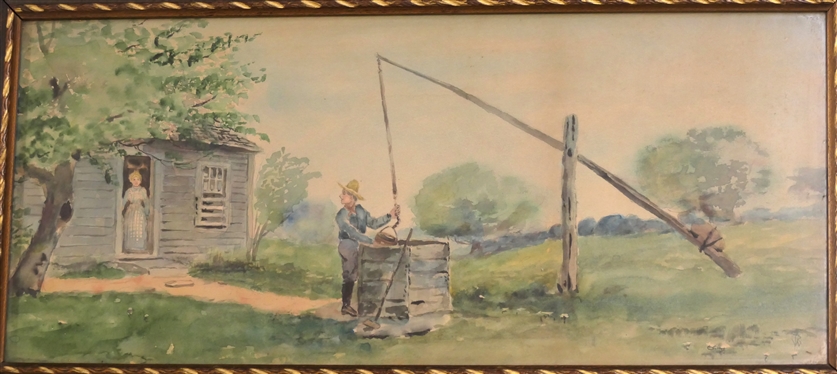 Original 1930''s Watercolor Painting of Woman in Door with Man At Well - Signed TRW in Lower Right Corner - Framed - Frame Measures 9 1/2 by 19 1/2 