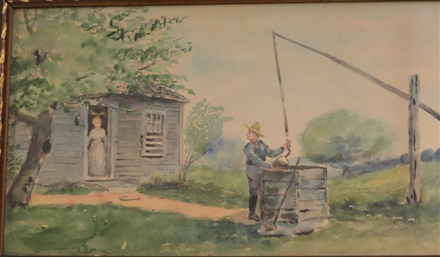 Original 1930''s Watercolor Painting of Woman in Door with Man At Well - Signed TRW in Lower Right Corner - Framed - Frame Measures 9 1/2 by 19 1/2 