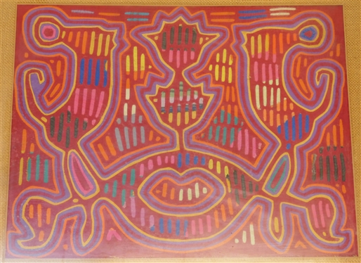 Vibrant Framed Kuna Mola Textile - Reverse Appliqued - Nicely Framed and Matted with Burlap Mat - Frame Measures 20 by 24 