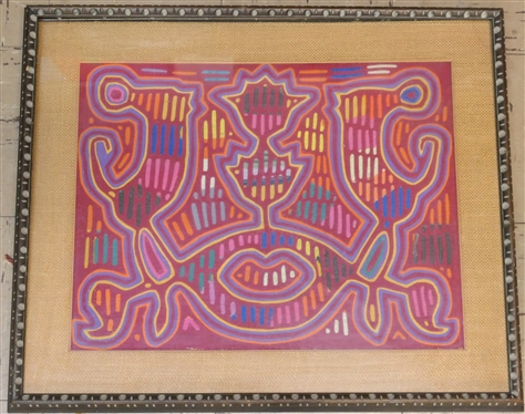 Vibrant Framed Kuna Mola Textile - Reverse Appliqued - Nicely Framed and Matted with Burlap Mat - Frame Measures 20 by 24 