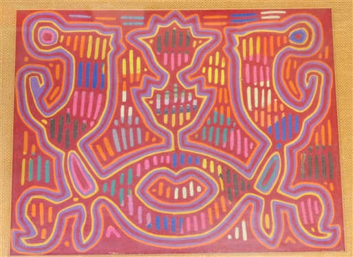 Vibrant Framed Kuna Mola Textile - Reverse Appliqued - Nicely Framed and Matted with Burlap Mat - Frame Measures 20 by 24 