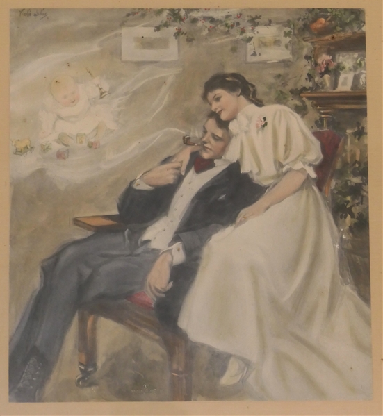 Turn of The Century Hand Colored Print by Campbell Art Co. - Elizabeth, NJ - Couple Scene - Framed - Frame Measures 18" By 15" 