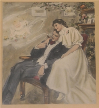 Turn of The Century Hand Colored Print by Campbell Art Co. - Elizabeth, NJ - Couple Scene - Framed - Frame Measures 18 By 15 