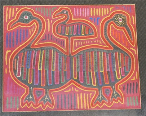 Kuna Mola Textile  Reverse Appliqued Bird Design - Framed with Black Burlap Mat - Frame Measures 18 by 21
