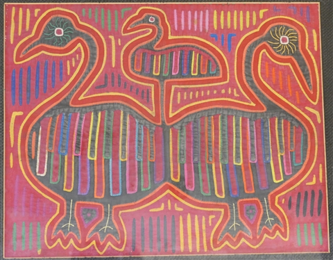 Kuna Mola Textile  Reverse Appliqued Bird Design - Framed with Black Burlap Mat - Frame Measures 18 by 21