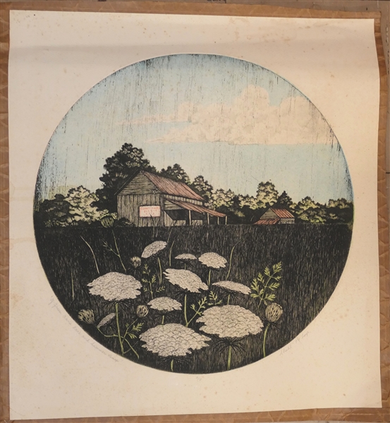 "Of Queen Annes Lace and Summer Days" Artist Proof Print by North Carolina Artist James Shell - Dated 1974 - Pencil Signed by Artist - Unframed Print Measures 21 1/2" By 20" 