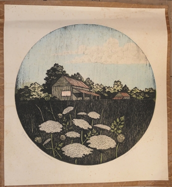 Of Queen Anne''s Lace and Summer Days Artist Proof Print by North Carolina Artist James Shell - Dated 1974 - Pencil Signed by Artist - Unframed Print Measures 21 1/2 By 20 