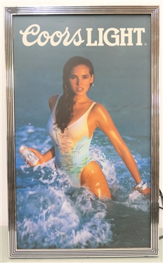 1991 Lighted Coors Light Beer Sign - Lighted Beer Advertisement with Woman in Ocean - Sign Measures 26 by 15 3/4