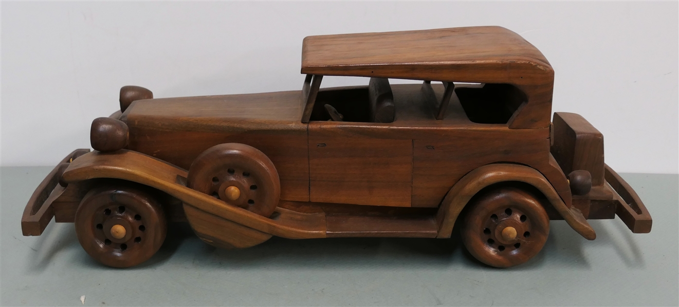 1932 Cadillac Hand Carved From Walnut Wood by H.W. Lee 1986 - Model Car with Functioning Wheels, Interior Seats - Car Measures 21" Long 7" Wide