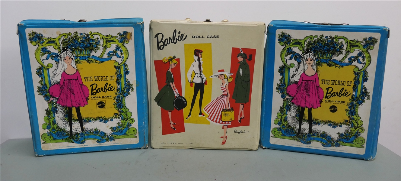 1961 and 1968 Barbie Doll Cases with Barbie, Lots of Clothes, and Accessories - One Bubble Cut - Case Photographed to Left Has Broken Handle 