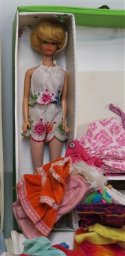1961 and 1968 Barbie Doll Cases with Barbie, Lots of Clothes, and Accessories - One Bubble Cut - Case Photographed to Left Has Broken Handle 