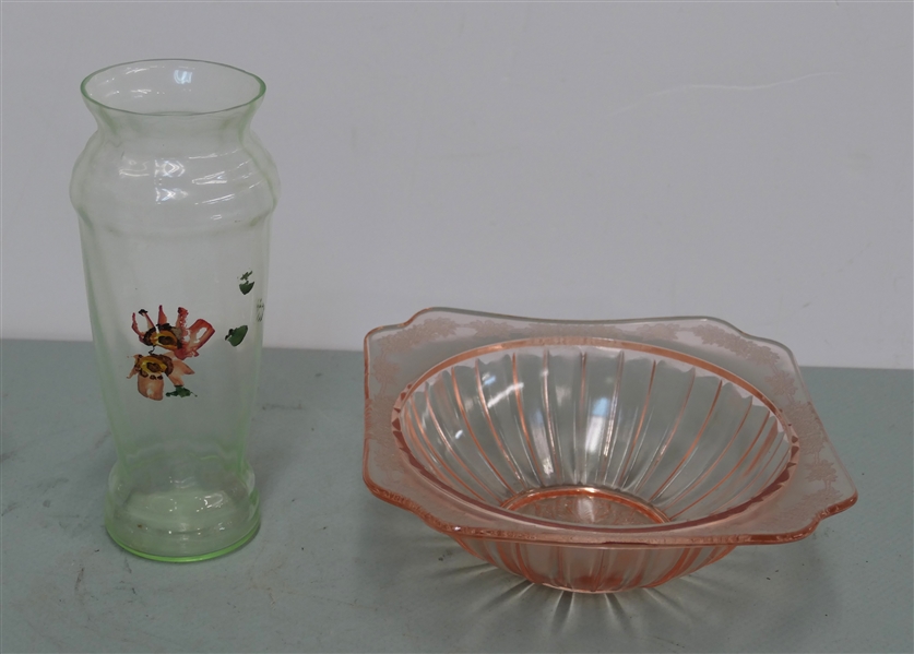 Adams Pink Depression Glass Square Bowl and Green Vase with Hand Painted Flowers - Bowl Measures 8" Across
