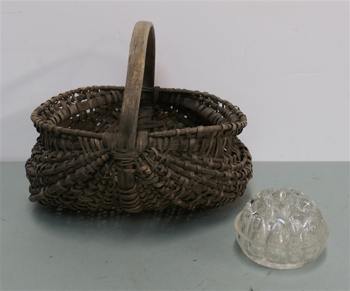 Very Unusual Glass Flower Frog and Well Used Oak Splint Egg / Buttocks Basket - Frog Measures 3" Tall 4" across
