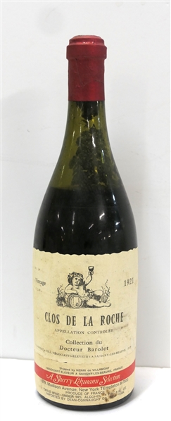 Clos De La Roche Vintage 1921 - Collection du Docteur Barolet - A Sherry Lehmann Selection - Shipped by Henri de Villamont -Wine Quality and Storage Conditions Unknown - Some Sight Damage to Label
