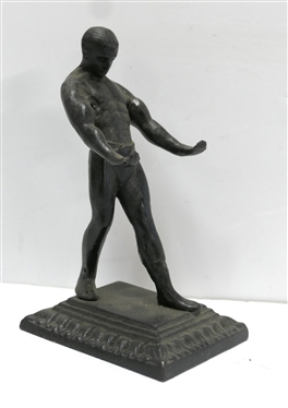  Cast Iron Strong Man Statue with Outstretched Arm - Iron Base with Fancy Border - Figure Measures 6 1/2 Tall 