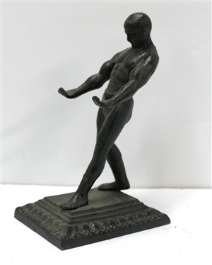  Cast Iron Strong Man Statue with Outstretched Arm - Iron Base with Fancy Border - Figure Measures 6 1/2 Tall 