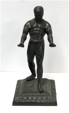  Cast Iron Strong Man Statue with Outstretched Arm - Iron Base with Fancy Border - Figure Measures 6 1/2 Tall 