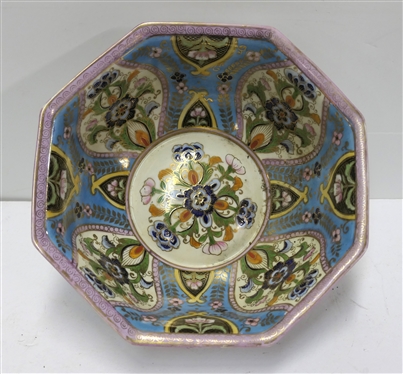 Beautiful Hand Painted Nippon Hexagon Shaped Bowl - Blue and Purple Florals - Bowl Measures 4 Tall 8 Across