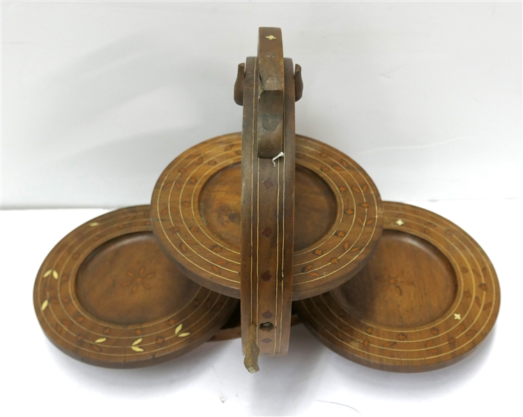 Nice Inlaid Wood Folding Biscuit Stand - 3 Fold Out Tiers - Inlaid Handle and Trim - Bottom Rotates - Measures 8" Across