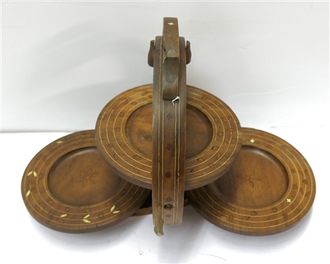 Nice Inlaid Wood Folding Biscuit Stand - 3 Fold Out Tiers - Inlaid Handle and Trim - Bottom Rotates - Measures 8 Across