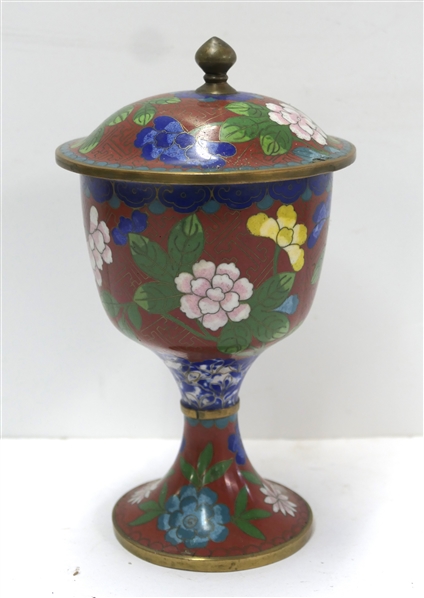 Vintage Cloisonne Lidded Jar - Beautiful White and Blue Florals with Red Background - Dish Measures 8 1/2" Tall 