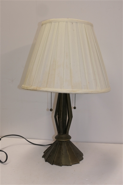 Nice Metal Table Lamp with Antiqued Brass Finish - Pleated Shade - Fanlike Base - Amber Crystal Accent Near Neck - 2 Lights - Lamp Measures 24" Total Height 