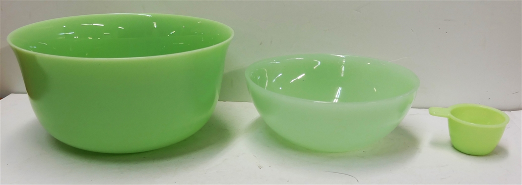 3 Pieces of Jadeite - 9 3/4 Bowl, 8 Bowl, and 1/3 Cup Measure with Some Tiny Flakes Around Handle