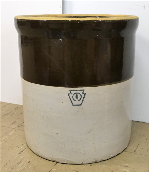 6 Gallon Brown and White Stone Crock - #6 with a Shield - Crock Measures 15" Tall 13" Across