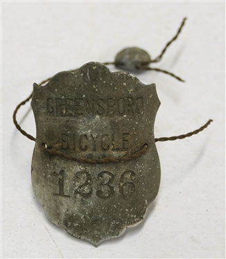 Antique Metal Greensboro Bicycle Tag - Number 1236 -  Tag Measures 2 1/4 by 1 3/4 