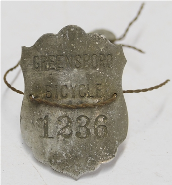 Antique Metal Greensboro Bicycle Tag - Number 1236 -  Tag Measures 2 1/4 by 1 3/4 