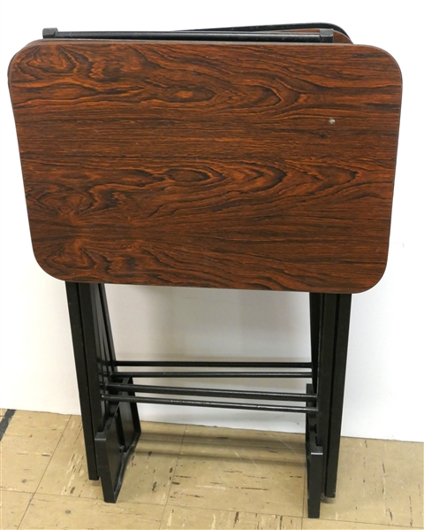 Set of 4 Artex Folding TV Trays - Faux Wood Tops - with Stand - Original Label on Bottom - Mid Century 