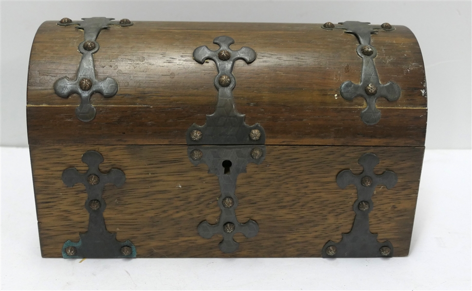 Wooden Treasure Chest Jewelry Box - Metal Décor - Red Velvet Lined Interior - Made in Japan - Box Measures 5" tall 8 3/4" by 5 1/2" 