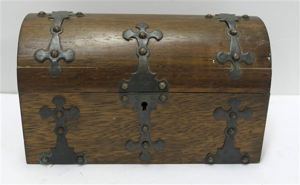Wooden Treasure Chest Jewelry Box - Metal Décor - Red Velvet Lined Interior - Made in Japan - Box Measures 5 tall 8 3/4 by 5 1/2 