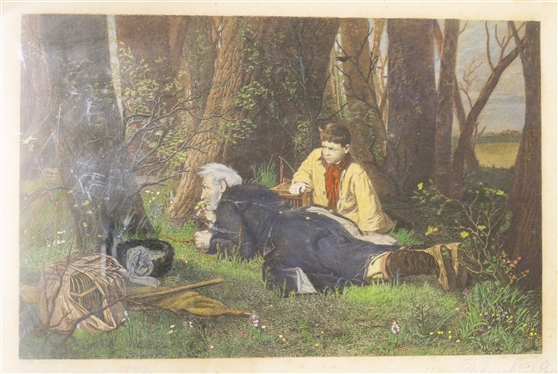 Bird Catcher Hand Colored Engraving of Original by Vasily Perov - Russian Artist - Pencil Signed and Dated 1873 - Framed - Frame Measures 16 by 21 