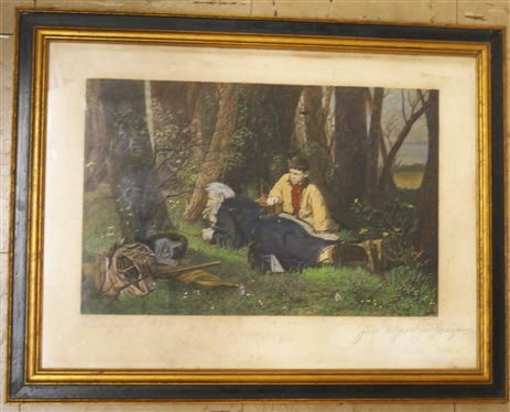 Bird Catcher Hand Colored Engraving of Original by Vasily Perov - Russian Artist - Pencil Signed and Dated 1873 - Framed - Frame Measures 16 by 21 