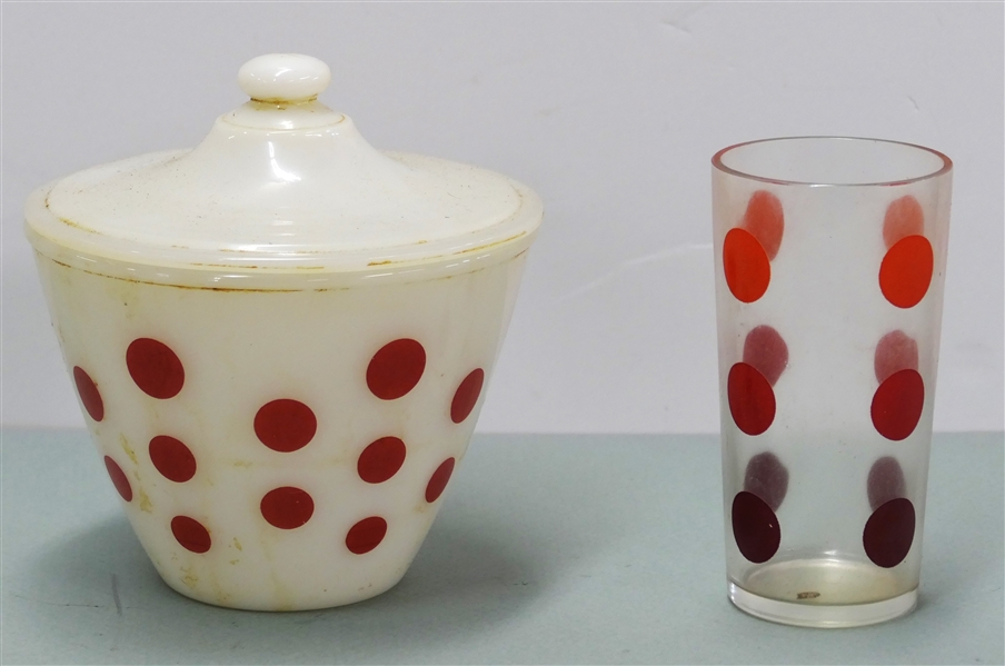 Freking Red Polka dot Lidded Grease Jar and Red Polka Dot Tumbler - Fireking Bowl / Jar Measures 6" Tall with Lid 6" Across