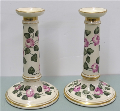 Hand Painted Porcelain Candle Sticks - Pink Roses with Gold Accents and Trim - Candle Sticks Measure 9 1/4 Tall 